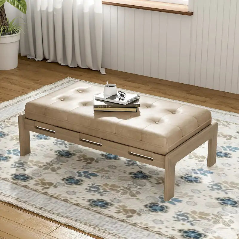 48.4 rechteckiger, geknöpft gepolsterter Cocktailhocker, Leder-Ottoman-Couchtisch mit Gestell aus Gummibaumholz