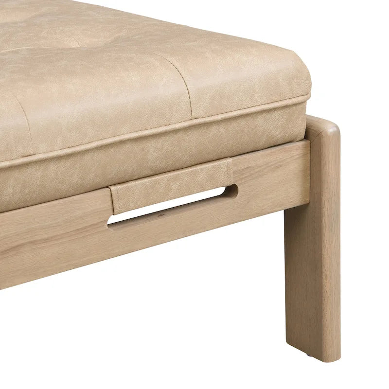 48.4 rechteckiger, geknöpft gepolsterter Cocktailhocker, Leder-Ottoman-Couchtisch mit Gestell aus Gummibaumholz