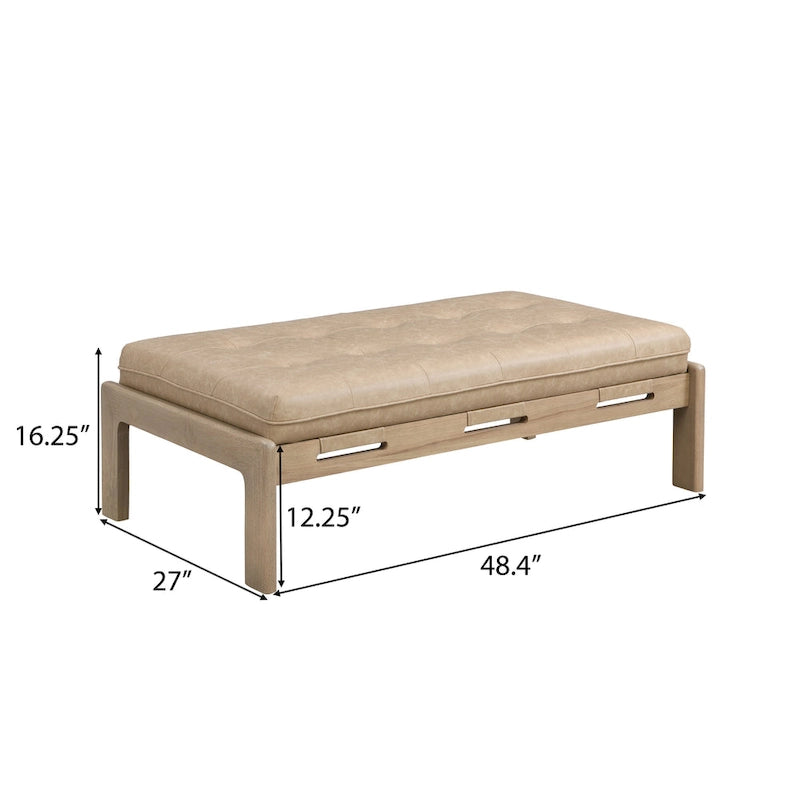 48.4 rechteckiger, geknöpft gepolsterter Cocktailhocker, Leder-Ottoman-Couchtisch mit Gestell aus Gummibaumholz