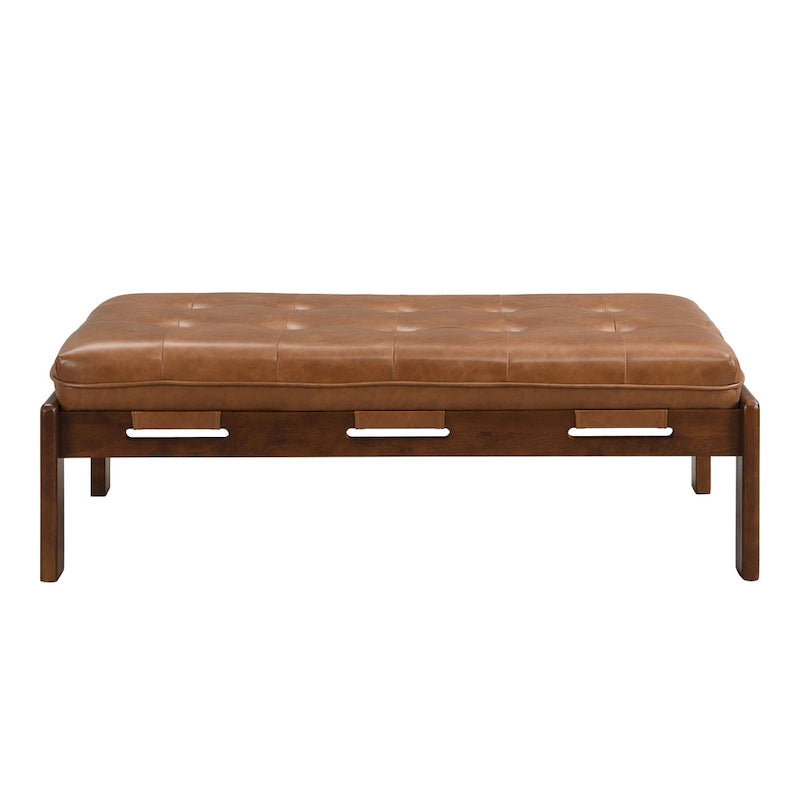 48.4 rechteckiger, geknöpft gepolsterter Cocktailhocker, Leder-Ottoman-Couchtisch mit Gestell aus Gummibaumholz