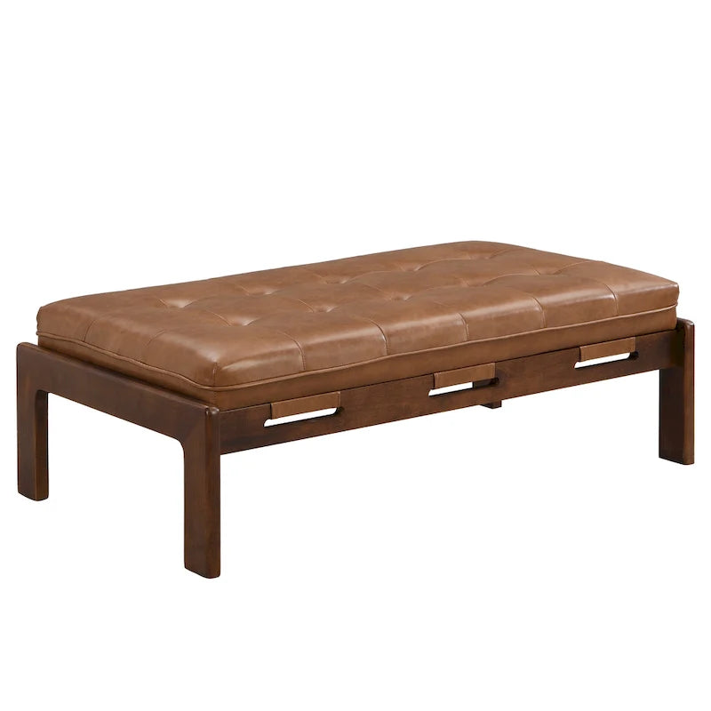 48.4 rechteckiger, geknöpft gepolsterter Cocktailhocker, Leder-Ottoman-Couchtisch mit Gestell aus Gummibaumholz