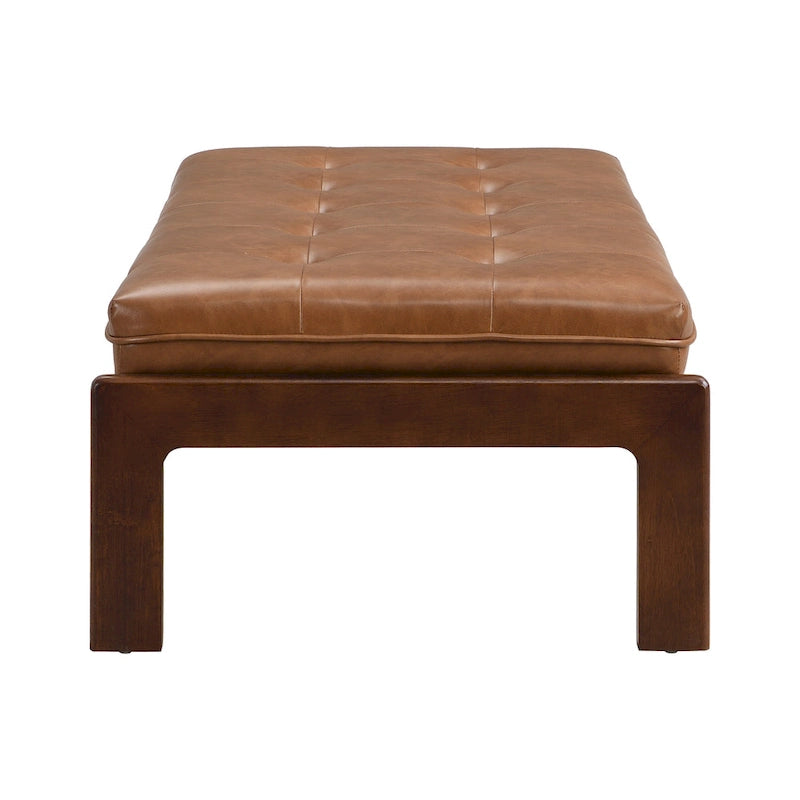 48.4 rechteckiger, geknöpft gepolsterter Cocktailhocker, Leder-Ottoman-Couchtisch mit Gestell aus Gummibaumholz