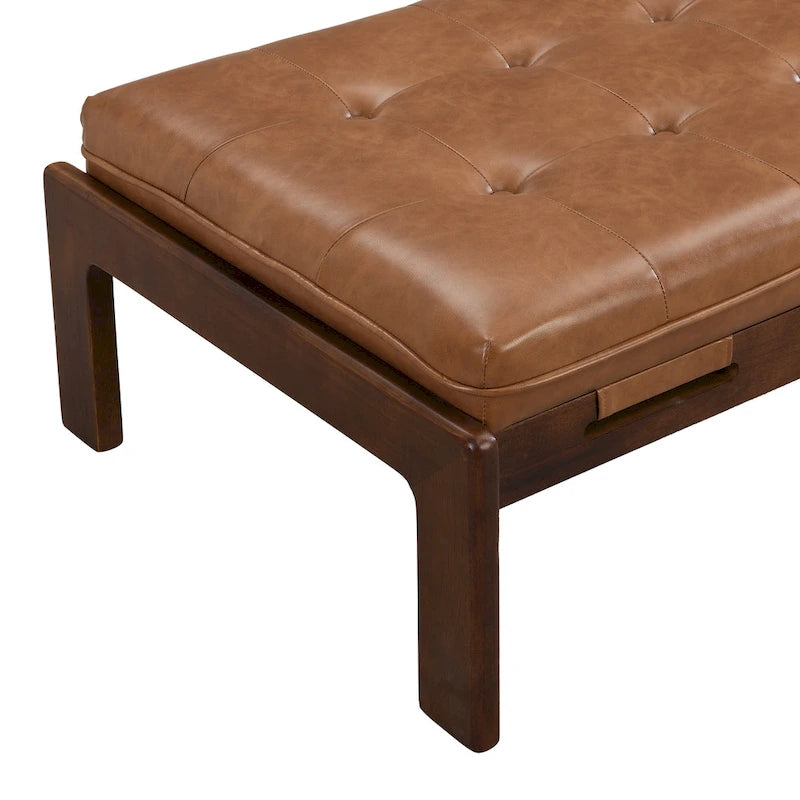 48.4 rechteckiger, geknöpft gepolsterter Cocktailhocker, Leder-Ottoman-Couchtisch mit Gestell aus Gummibaumholz