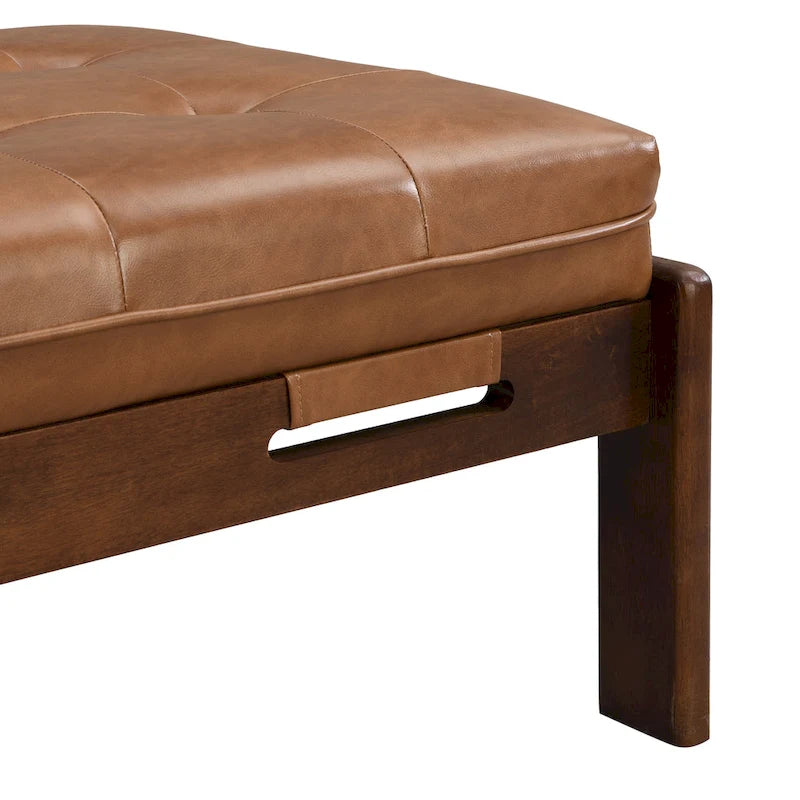 48.4 rechteckiger, geknöpft gepolsterter Cocktailhocker, Leder-Ottoman-Couchtisch mit Gestell aus Gummibaumholz