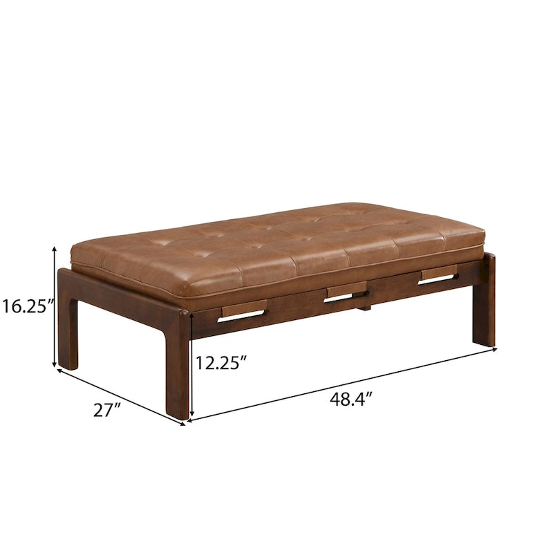 48.4 rechteckiger, geknöpft gepolsterter Cocktailhocker, Leder-Ottoman-Couchtisch mit Gestell aus Gummibaumholz