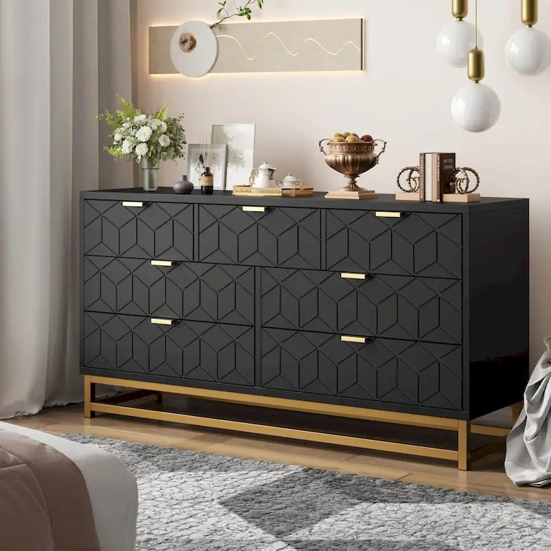 Kommode fürs Schlafzimmer mit 7 Schubladen, große Kommode mit 53.5 und Metallbeinen