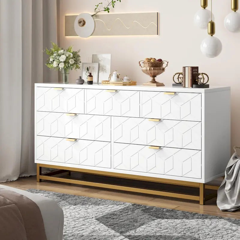 Kommode fürs Schlafzimmer mit 7 Schubladen, große Kommode mit 53.5 und Metallbeinen
