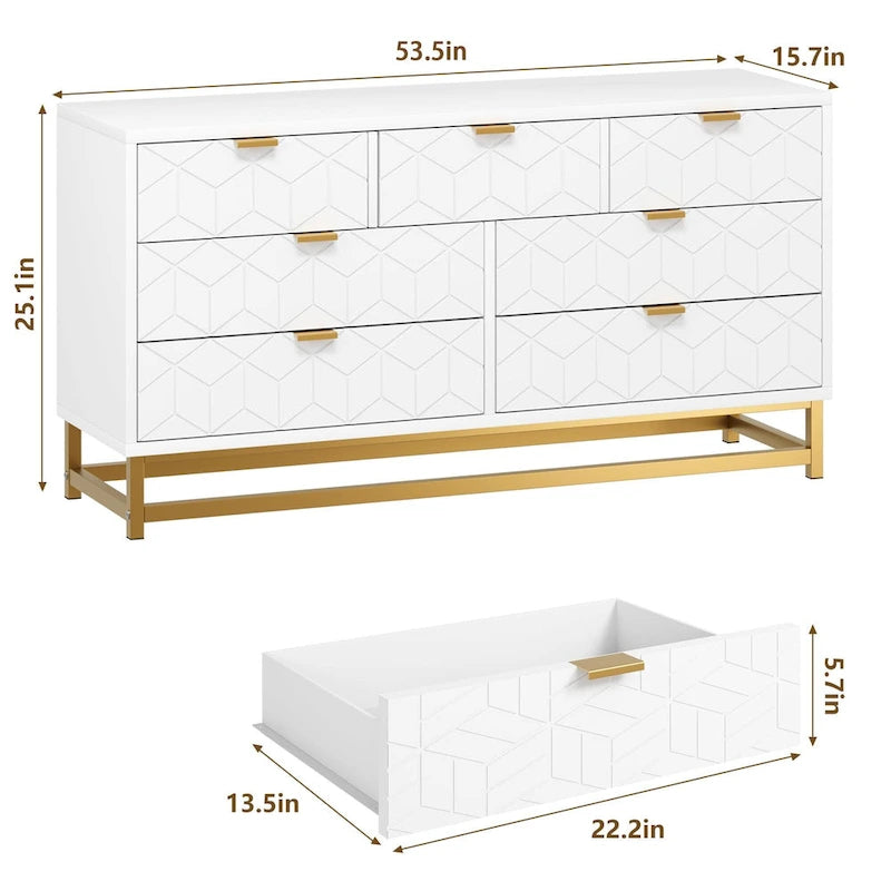 Kommode fürs Schlafzimmer mit 7 Schubladen, große Kommode mit 53.5 und Metallbeinen