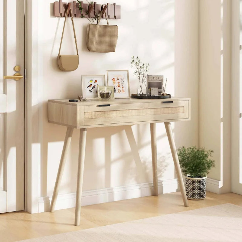 Konsolentisch aus Rattan mit ausziehbarer Schublade, Boho-Stil, für den Eingangsbereich