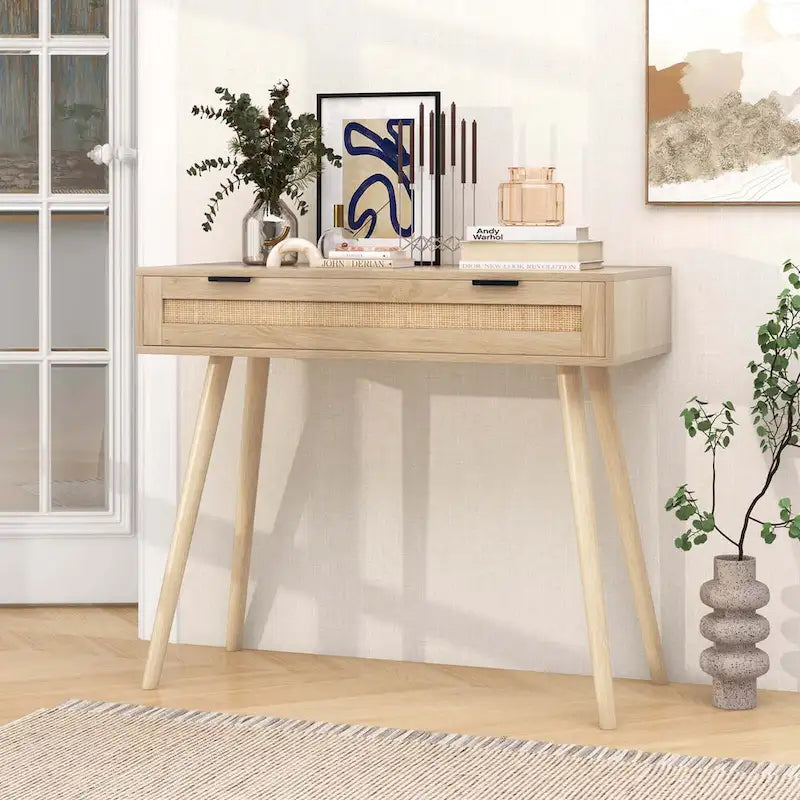 Konsolentisch aus Rattan mit ausziehbarer Schublade, Boho-Stil, für den Eingangsbereich