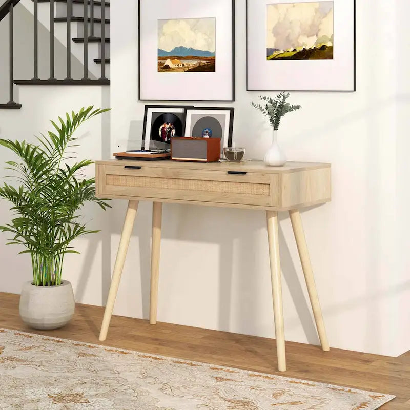 Konsolentisch aus Rattan mit ausziehbarer Schublade, Boho-Stil, für den Eingangsbereich