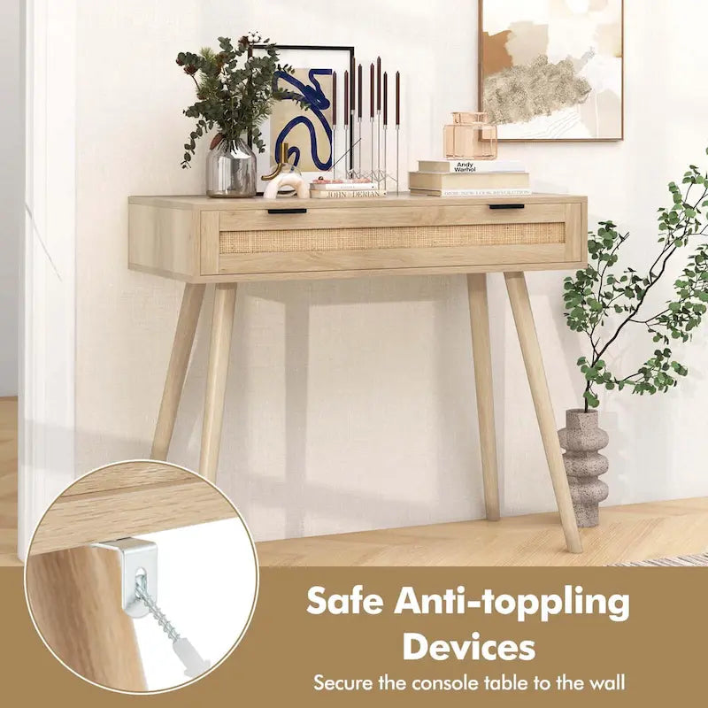 Konsolentisch aus Rattan mit ausziehbarer Schublade, Boho-Stil, für den Eingangsbereich