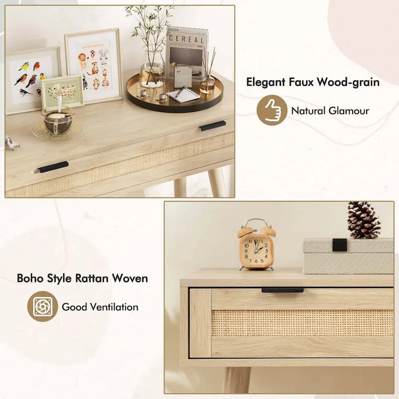 Konsolentisch aus Rattan mit ausziehbarer Schublade, Boho-Stil, für den Eingangsbereich