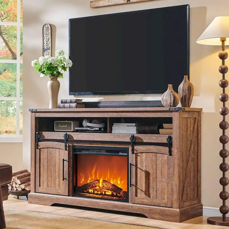 TV-Ständer mit Kamin im Landhausstil, Entertainment-Center mit Bogentür