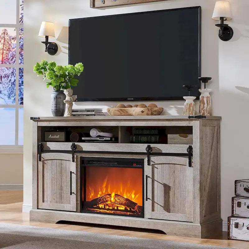 TV-Ständer mit Kamin im Landhausstil, Entertainment-Center mit Bogentür