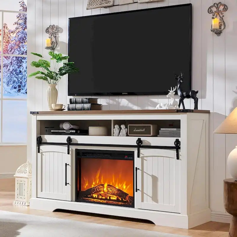TV-Ständer mit Kamin im Landhausstil, Entertainment-Center mit Bogentür