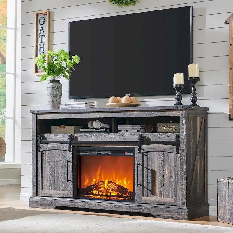 TV-Ständer mit Kamin im Landhausstil, Entertainment-Center mit Bogentür