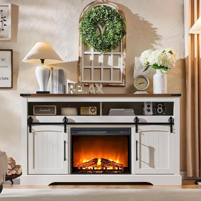 TV-Ständer mit Kamin im Landhausstil, Entertainment-Center mit Bogentür