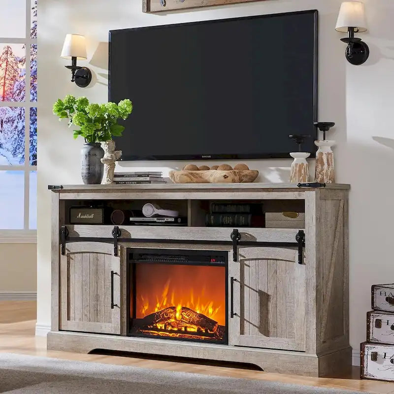 Meuble TV avec cheminée style maison de campagne, centre de divertissement avec porte cintrée