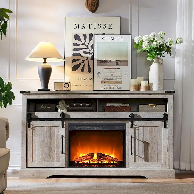 Meuble TV avec cheminée style maison de campagne, centre de divertissement avec porte cintrée