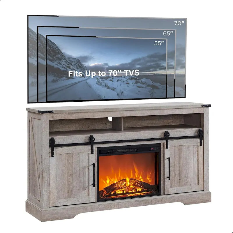 Meuble TV avec cheminée style maison de campagne, centre de divertissement avec porte cintrée