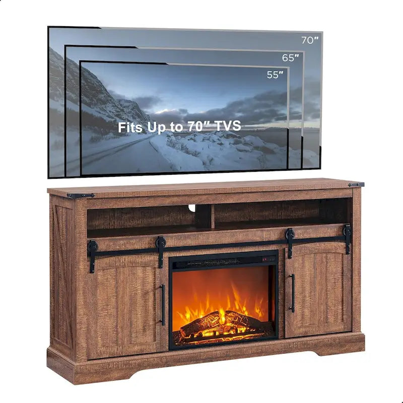 Meuble TV avec cheminée style maison de campagne, centre de divertissement avec porte cintrée