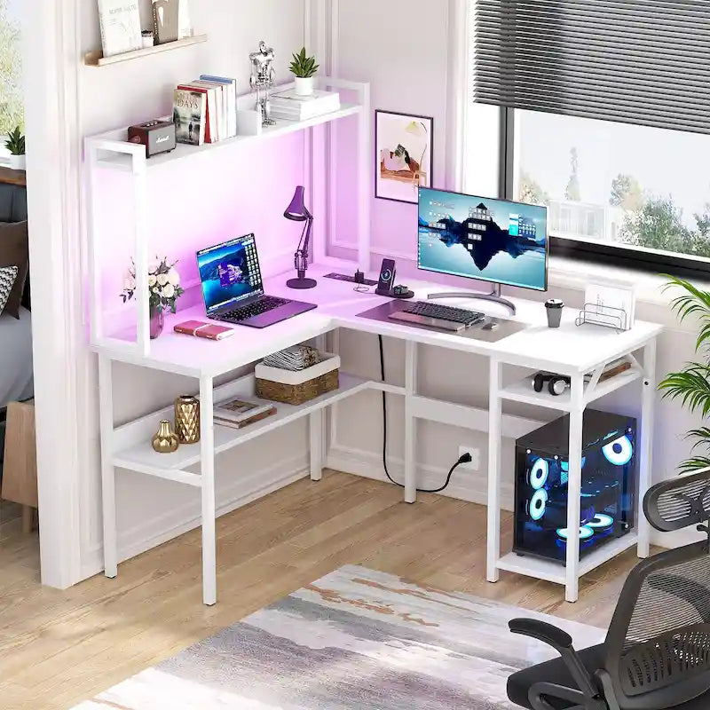 Bureau d’ordinateur en L avec rehausseur et étagères de rangement, table de jeu d’angle avec éclairage à DEL