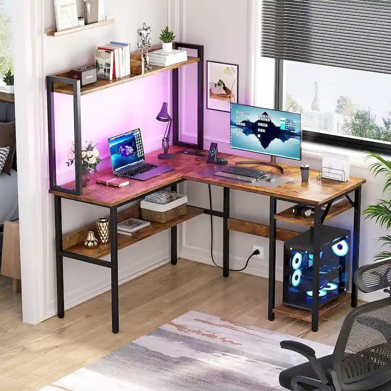 L-förmiger Computerschreibtisch mit Aufsatz und Ablagefächern, Gaming-Ecktisch mit LED-Leuchten