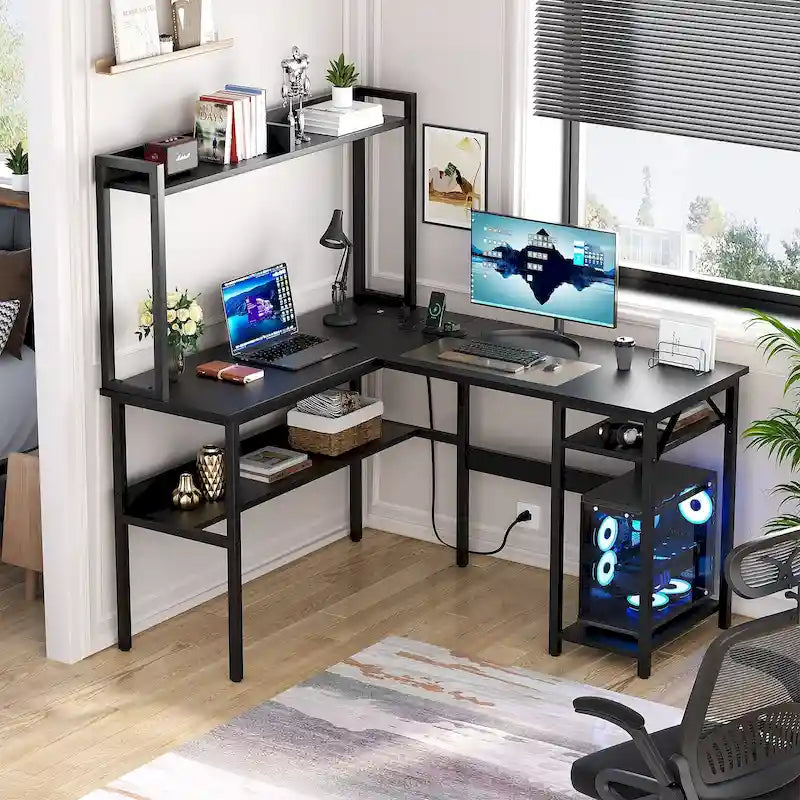 L-förmiger Computerschreibtisch mit Aufsatz und Ablagefächern, Gaming-Ecktisch mit LED-Leuchten