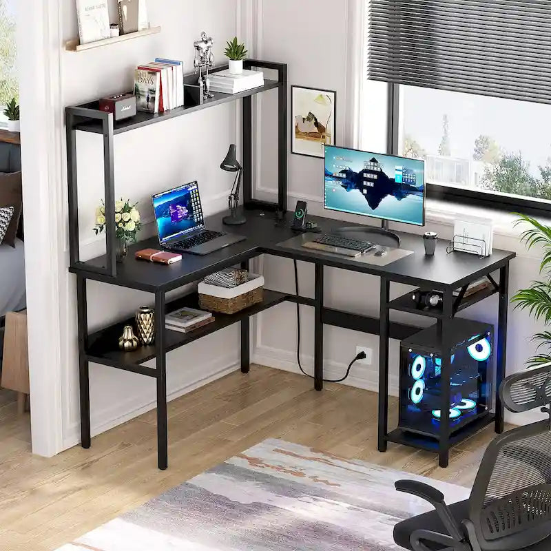 L Shaped Computer Desk with Hutch and Storage Shelves, Corner Gaming Table with LED Lights