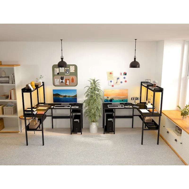 L-förmiger Computerschreibtisch mit Aufsatz und Ablagefächern, Gaming-Ecktisch mit LED-Leuchten