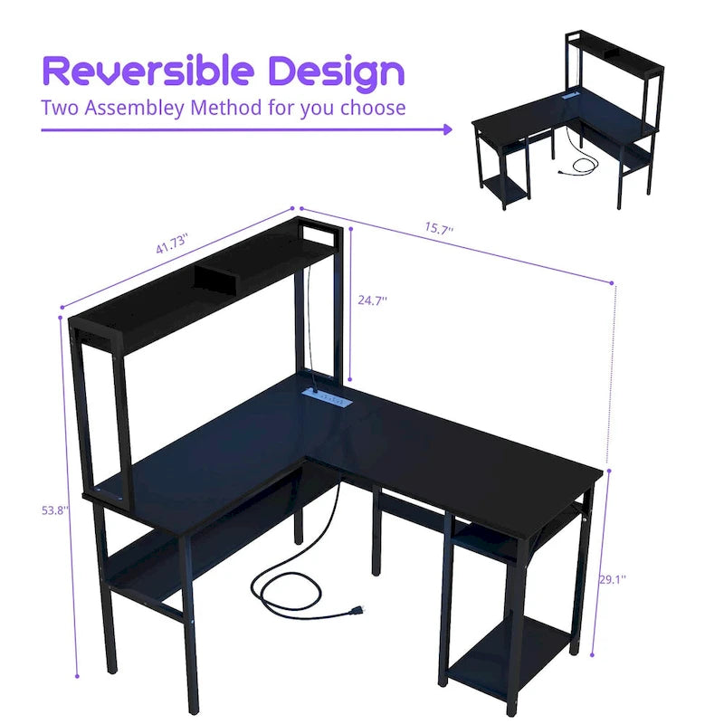 Bureau d’ordinateur en L avec rehausseur et étagères de rangement, table de jeu d’angle avec éclairage à DEL