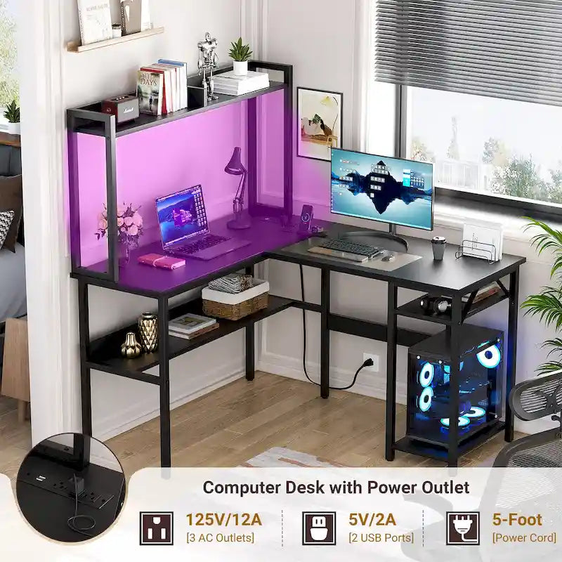 L-förmiger Computerschreibtisch mit Aufsatz und Ablagefächern, Gaming-Ecktisch mit LED-Leuchten