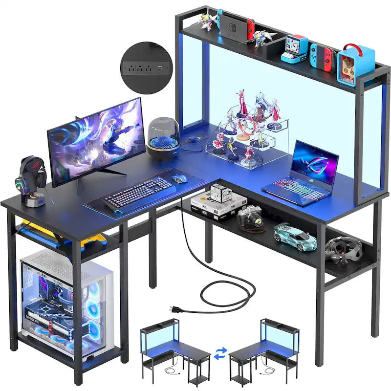 Bureau d’ordinateur en L avec rehausseur et étagères de rangement, table de jeu d’angle avec éclairage à DEL