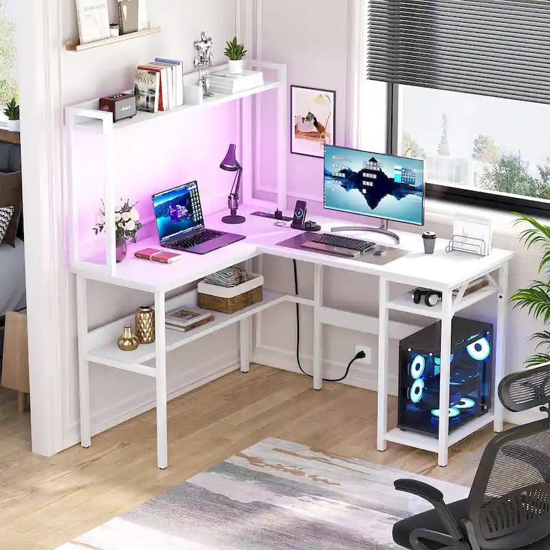Bureau d’ordinateur en L avec rehausseur et étagères de rangement, table de jeu d’angle avec éclairage à DEL