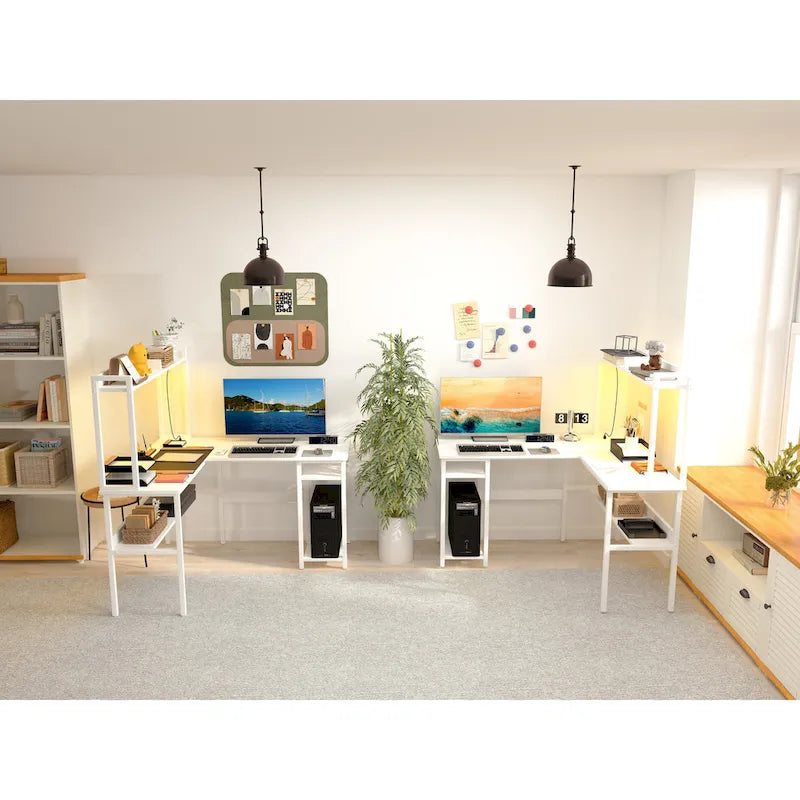 Bureau d’ordinateur en L avec rehausseur et étagères de rangement, table de jeu d’angle avec éclairage à DEL