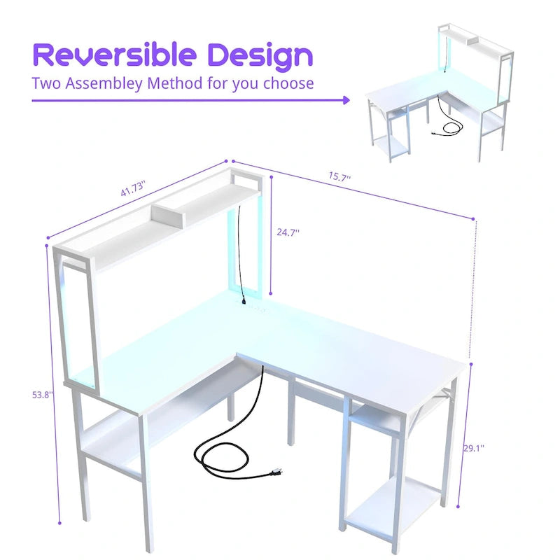 Bureau d’ordinateur en L avec rehausseur et étagères de rangement, table de jeu d’angle avec éclairage à DEL