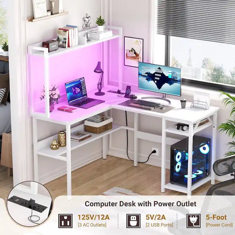 Bureau d’ordinateur en L avec rehausseur et étagères de rangement, table de jeu d’angle avec éclairage à DEL