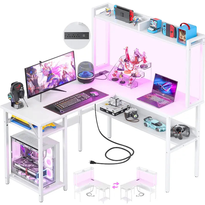Bureau d’ordinateur en L avec rehausseur et étagères de rangement, table de jeu d’angle avec éclairage à DEL