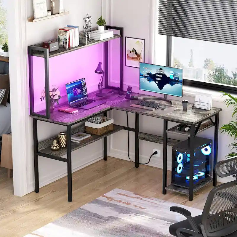 Bureau d’ordinateur en L avec rehausseur et étagères de rangement, table de jeu d’angle avec éclairage à DEL