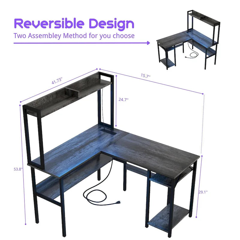 Bureau d’ordinateur en L avec rehausseur et étagères de rangement, table de jeu d’angle avec éclairage à DEL