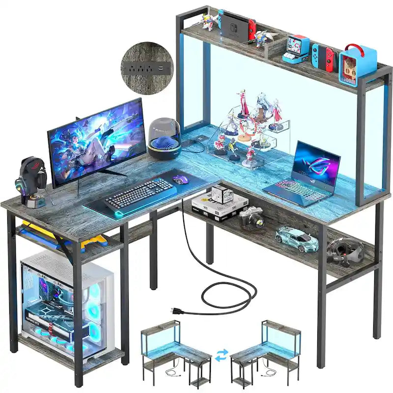 Bureau d’ordinateur en L avec rehausseur et étagères de rangement, table de jeu d’angle avec éclairage à DEL