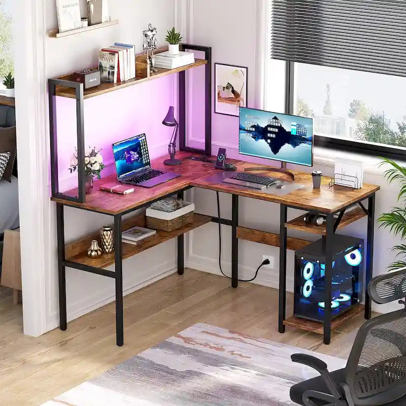 Bureau d’ordinateur en L avec rehausseur et étagères de rangement, table de jeu d’angle avec éclairage à DEL