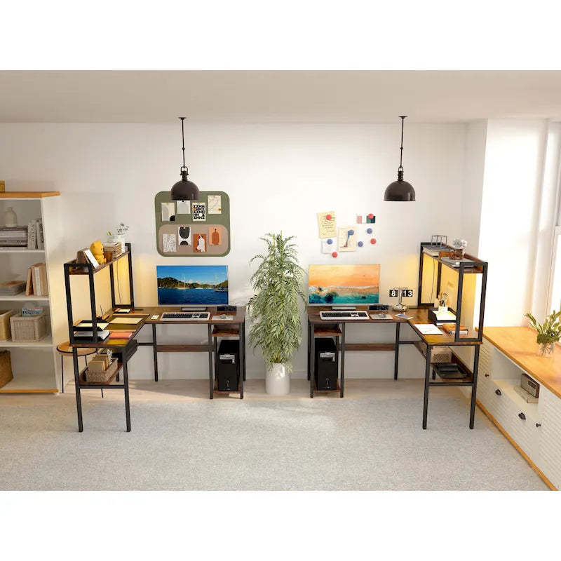 Bureau d’ordinateur en L avec rehausseur et étagères de rangement, table de jeu d’angle avec éclairage à DEL