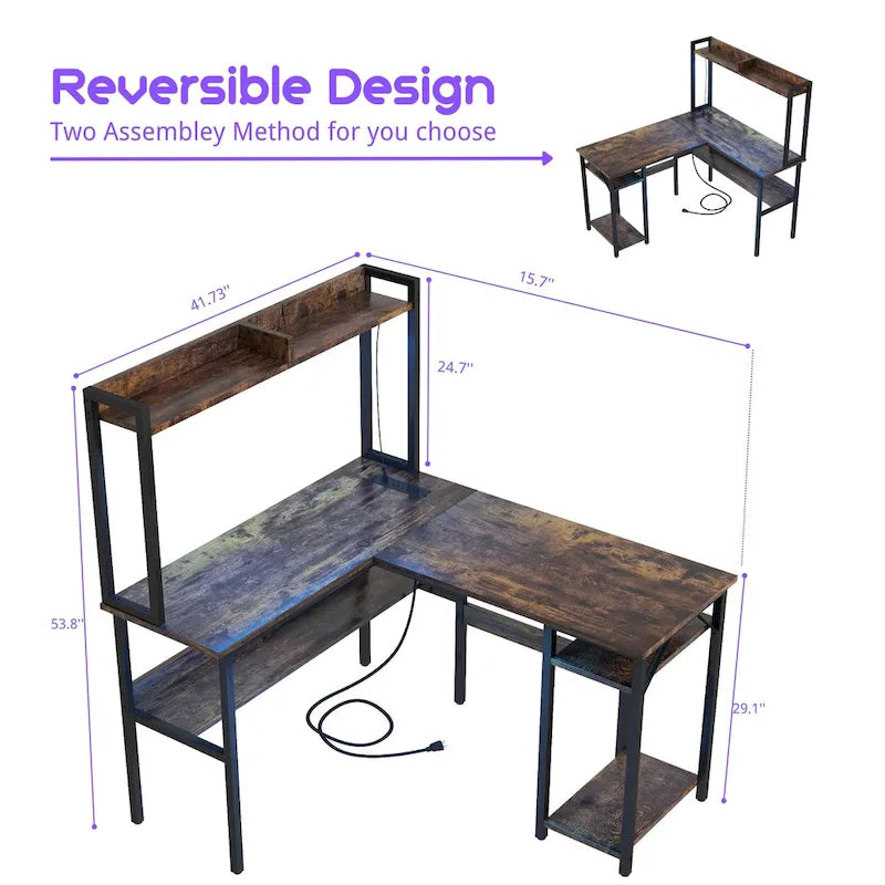 Bureau d’ordinateur en L avec rehausseur et étagères de rangement, table de jeu d’angle avec éclairage à DEL