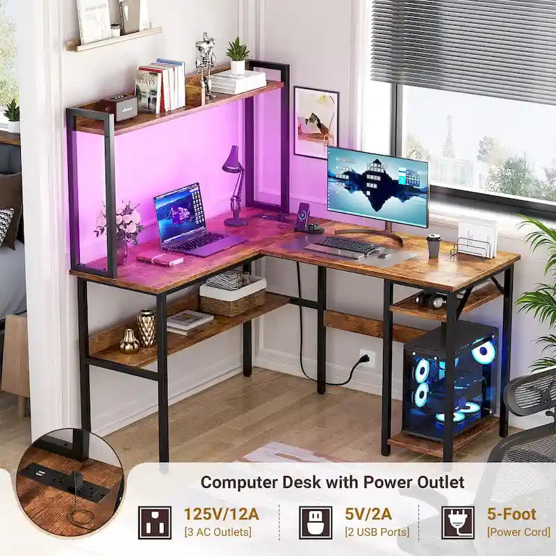 Bureau d’ordinateur en L avec rehausseur et étagères de rangement, table de jeu d’angle avec éclairage à DEL