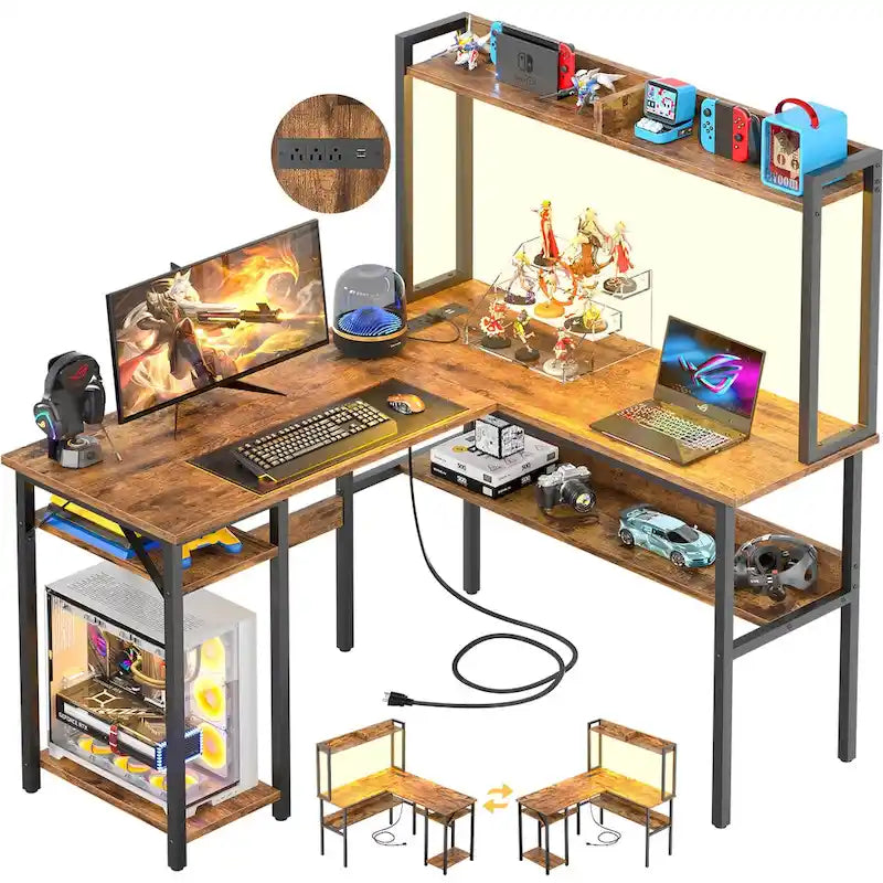 Bureau d’ordinateur en L avec rehausseur et étagères de rangement, table de jeu d’angle avec éclairage à DEL