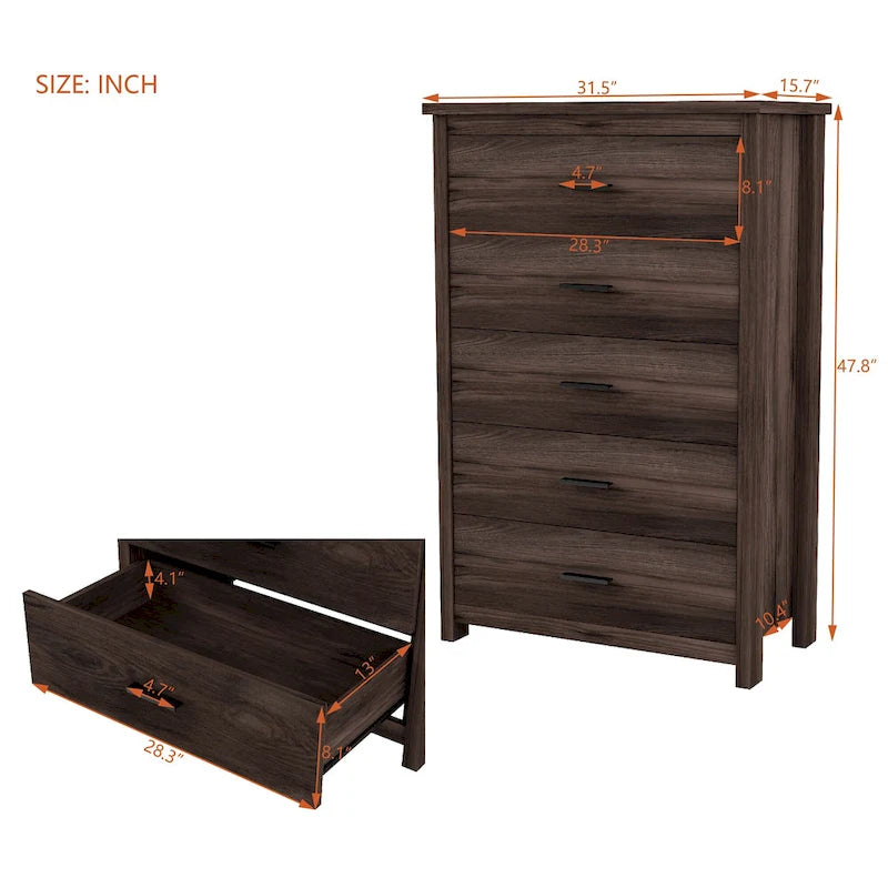 Kommode im Retro-Stil aus Holz mit 5 Schubladen und Metallgriffen fürs Schlafzimmer