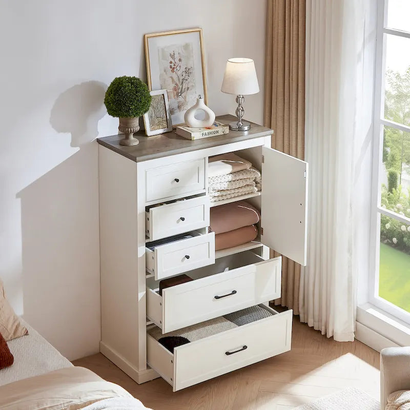 Commode haute de style champêtre à 5 tiroirs, rangement et organisation pour le salon