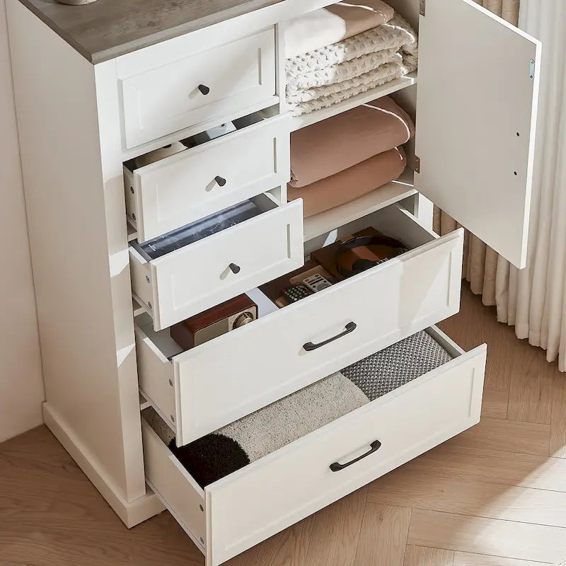 Commode haute de style champêtre à 5 tiroirs, rangement et organisation pour le salon
